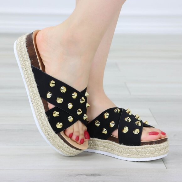 Black Platform Espadrille Sandals Crossover Gold Metal Stud Slip On Sliders - Picture 9 of 13